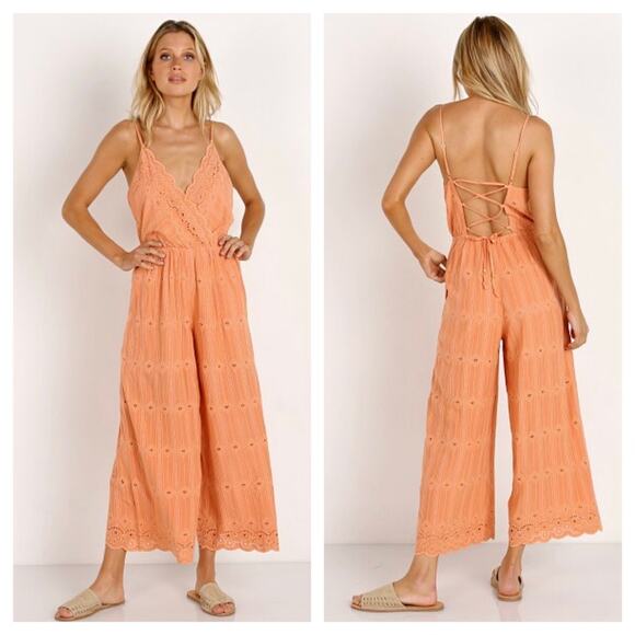 L*Space Ciara Coral Embroidered Lace Up Back Crop Wide Leg Jumpsuit Medium - Picture 1 of 16